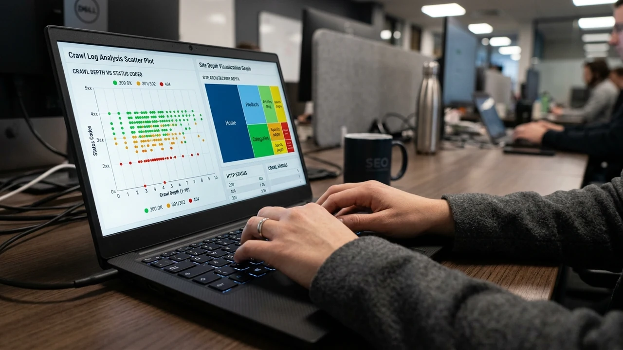 Figure 2: Technical SEO consultant analyzing server crawl log scatter plots and site depth visualization