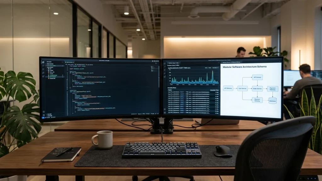 Software development workstation with code editor showing custom API endpoints and modular software schemas