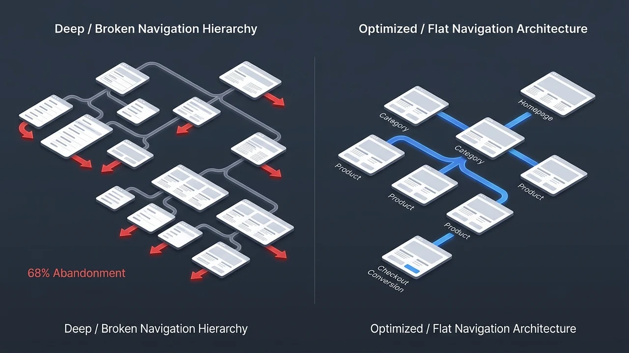 Figure 1: 3D isometric diagram of website navigation architecture comparing high bounce rate deep menus to optimized flat paths