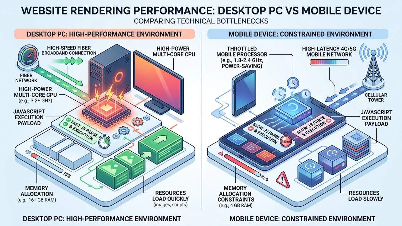 Figure 1: 3D isometric technical diagram of desktop vs mobile website performance bottlenecks including CPU parse time and latency