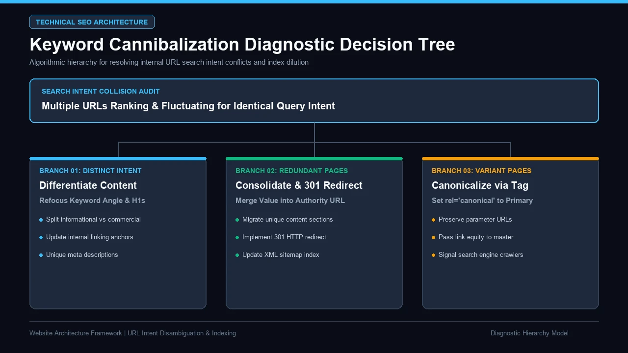 Branching decision tree flowchart outlining solutions for keyword cannibalization via content differentiation 301 redirects or canonical tags