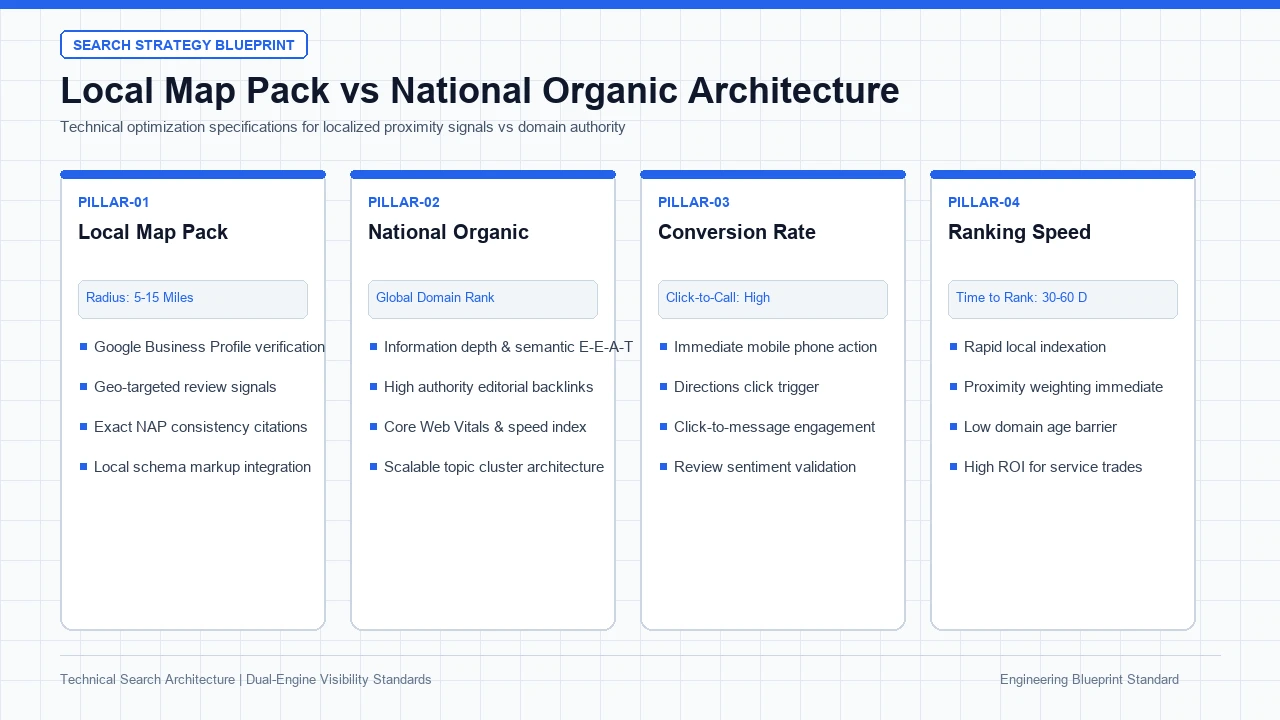 Technical architectural blueprint comparing Google Maps ranking factors against traditional algorithmic search requirements