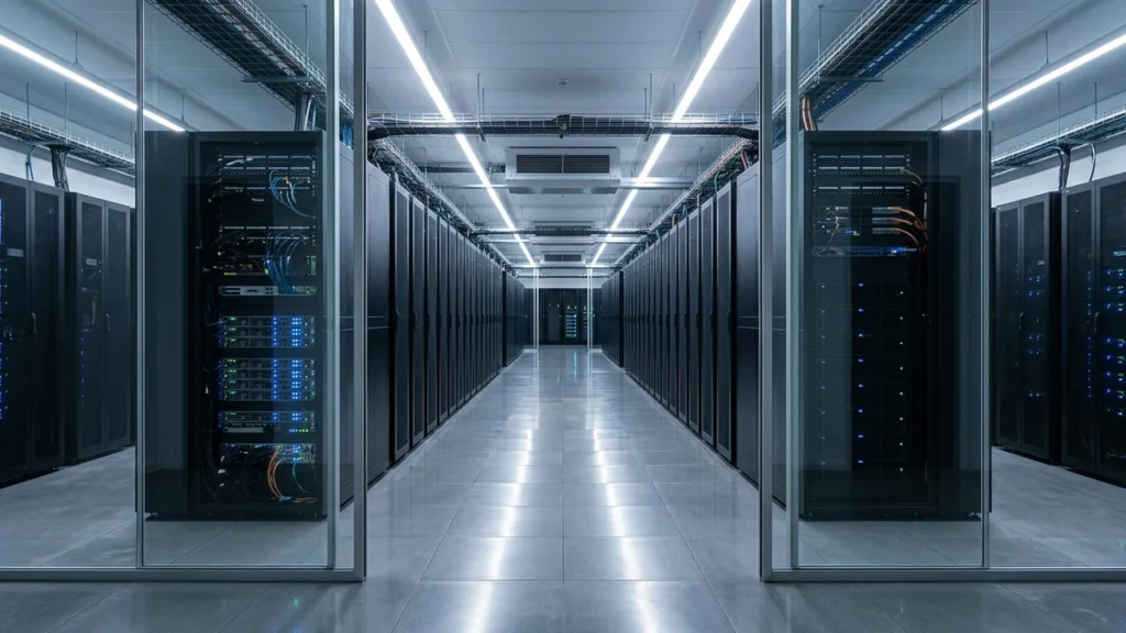 High-tech data center server rack corridor with blue fiber-optic indicator lights