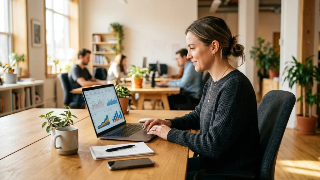 Technical SEO strategist reviewing content performance analytics and traffic charts on laptop