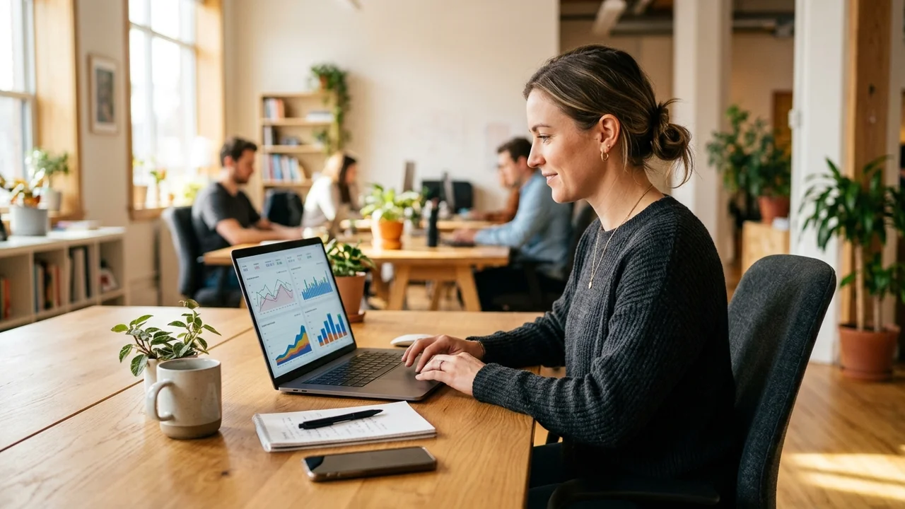 Technical SEO strategist reviewing content performance analytics and traffic charts on laptop