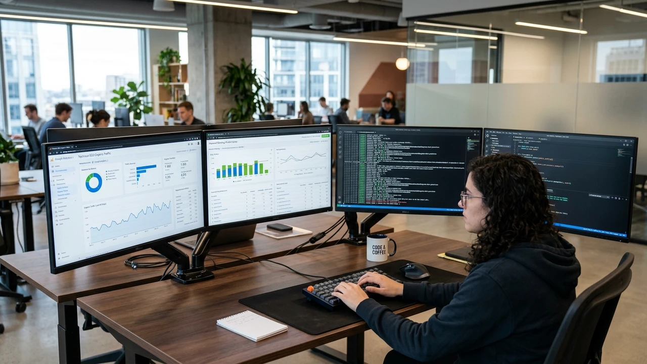 Dual 4K monitors displaying technical SEO organic traffic analytics keyword rankings and web crawler logs