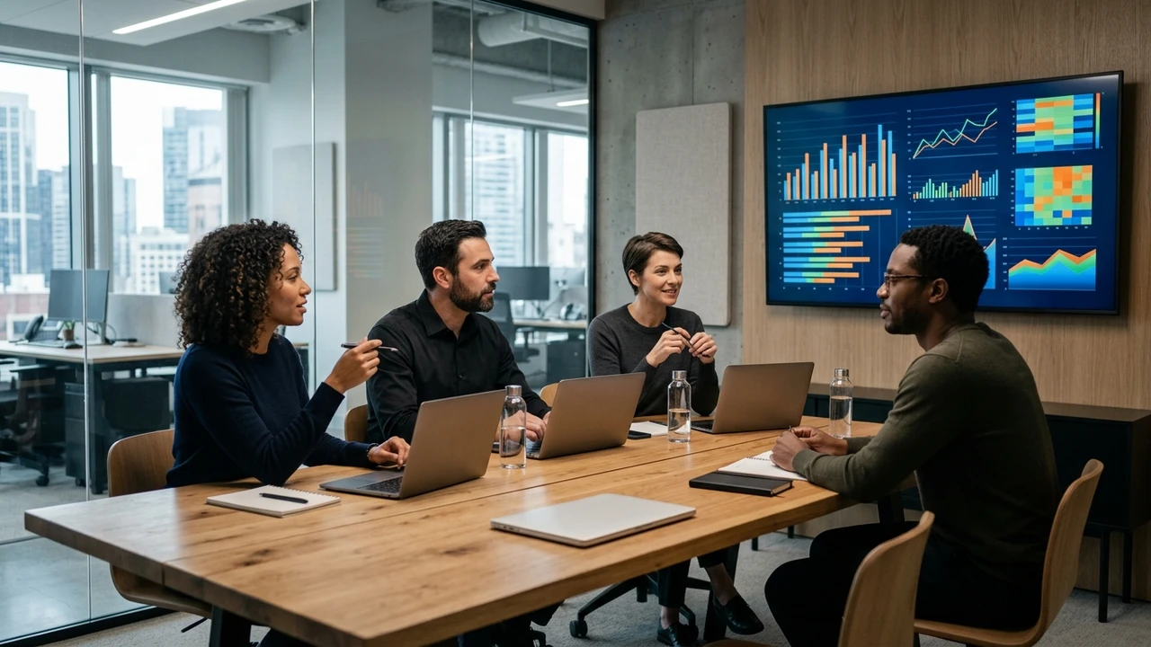 Digital marketing agency team collaborating in conference room reviewing local map pack rankings and traditional search strategy