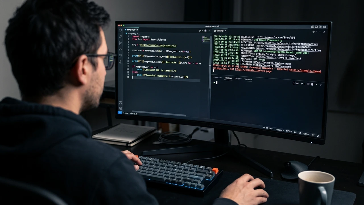 Over-the-shoulder view of software engineer auditing Python scraper logs and canonical URL tags in code editor