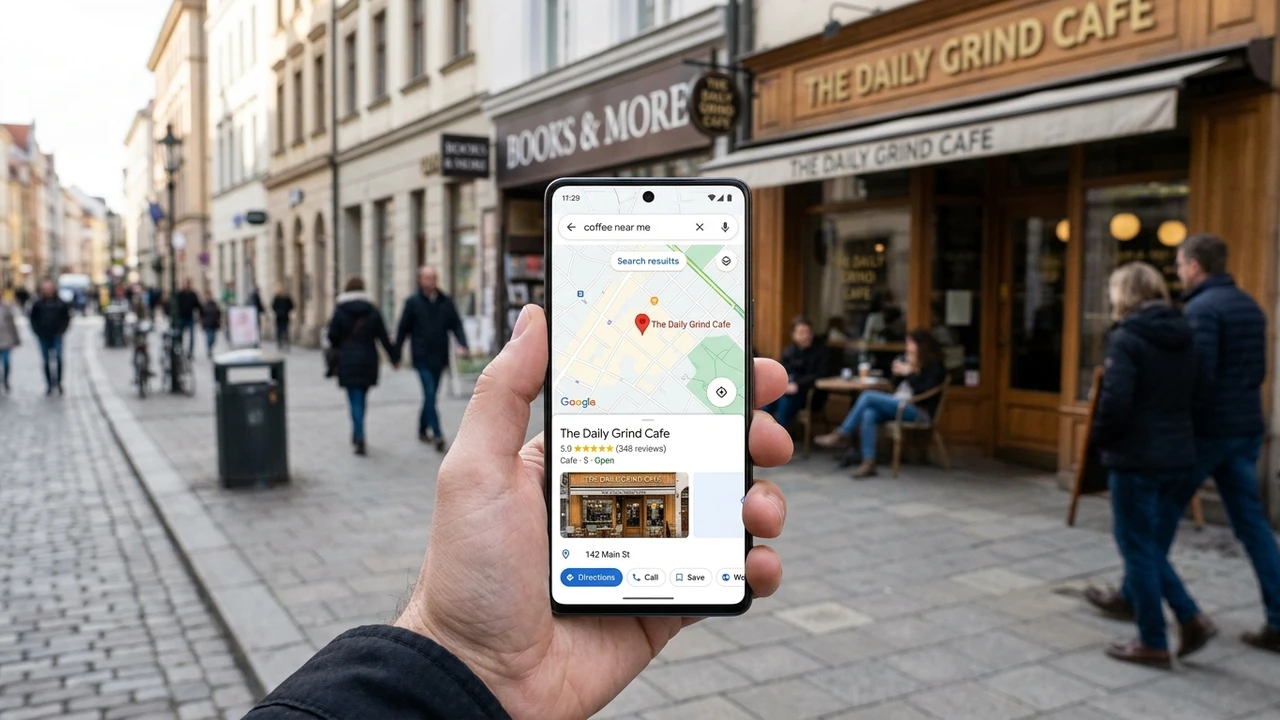 Hand holding smartphone displaying Google Maps search results with business listing and 5-star customer reviews
