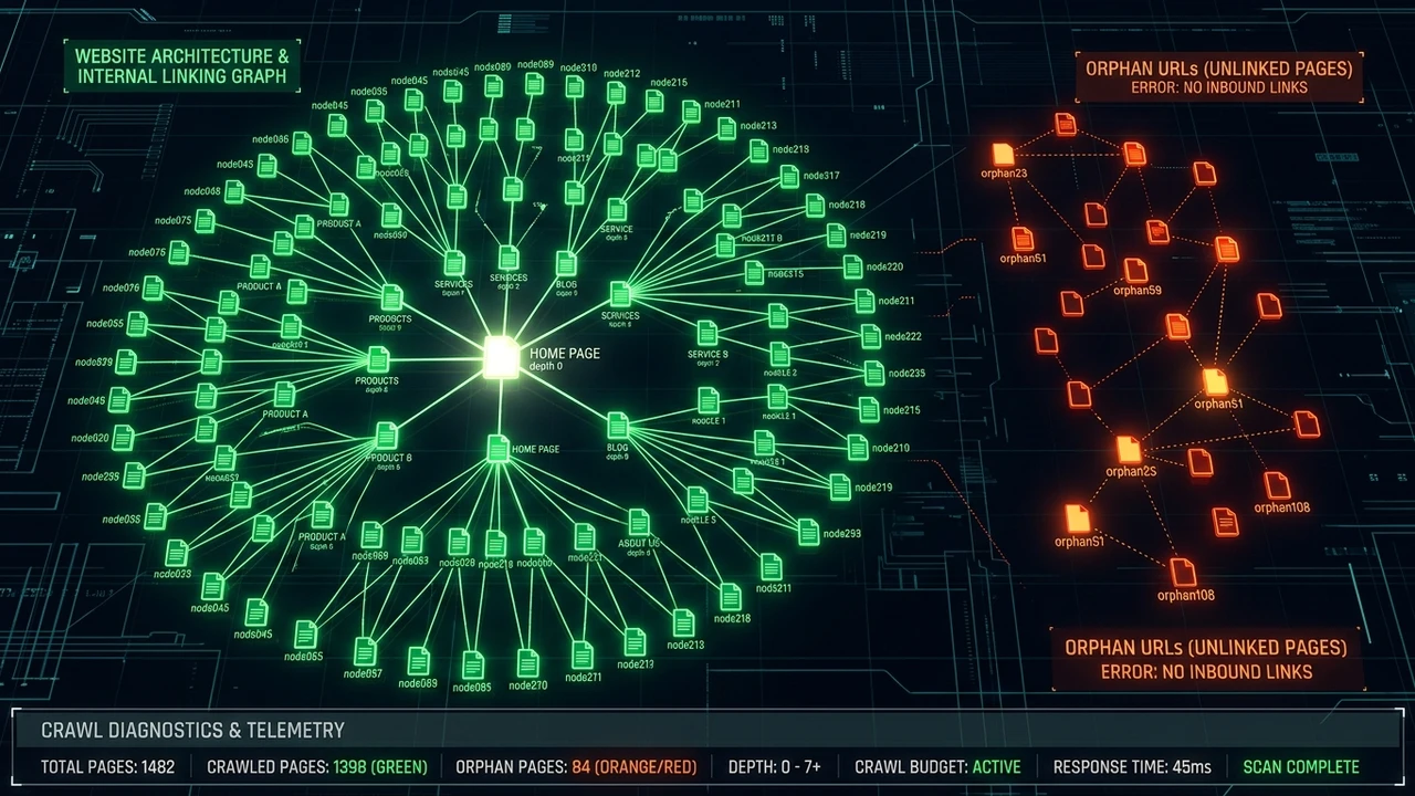 3D network graph visualization showing internal linking hierarchy vs detached unlinked orphan pages