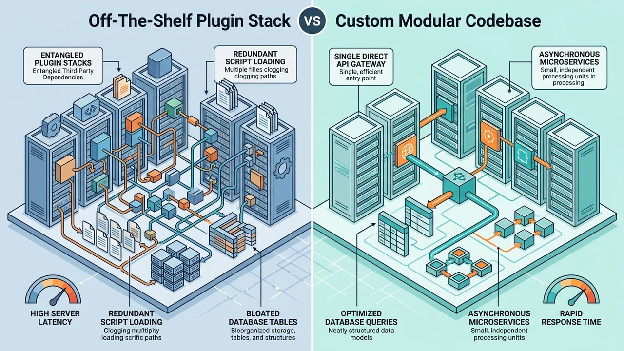 Figure 1: 3D technical architecture diagram contrasting plugin dependency bloat with clean custom modular codebases