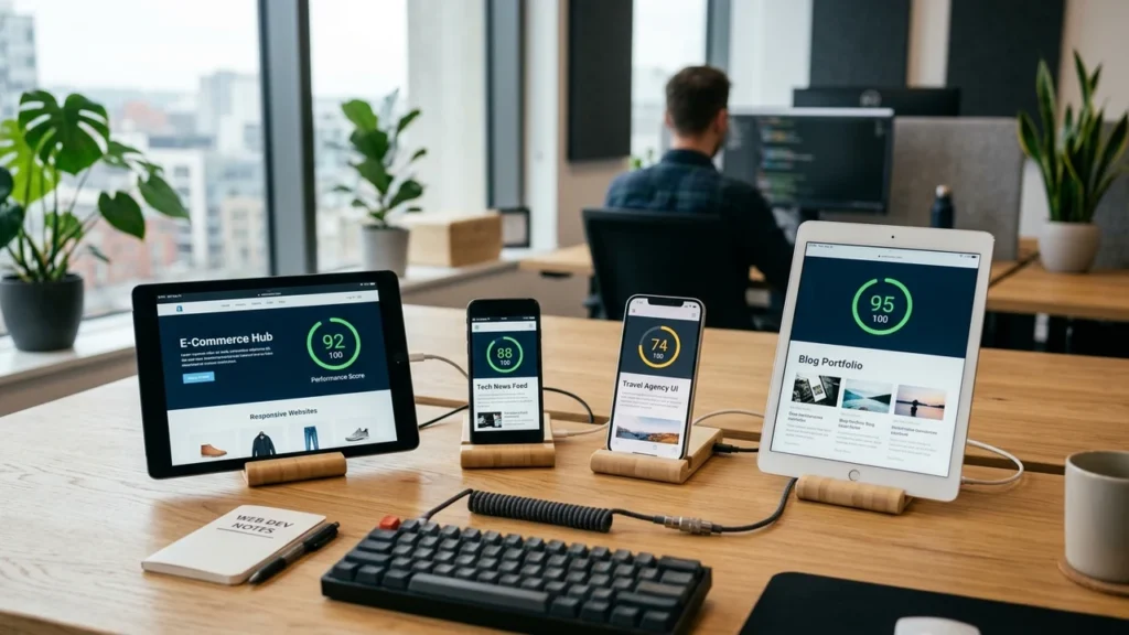 Mobile and tablet devices on wooden stands displaying responsive website performance scores