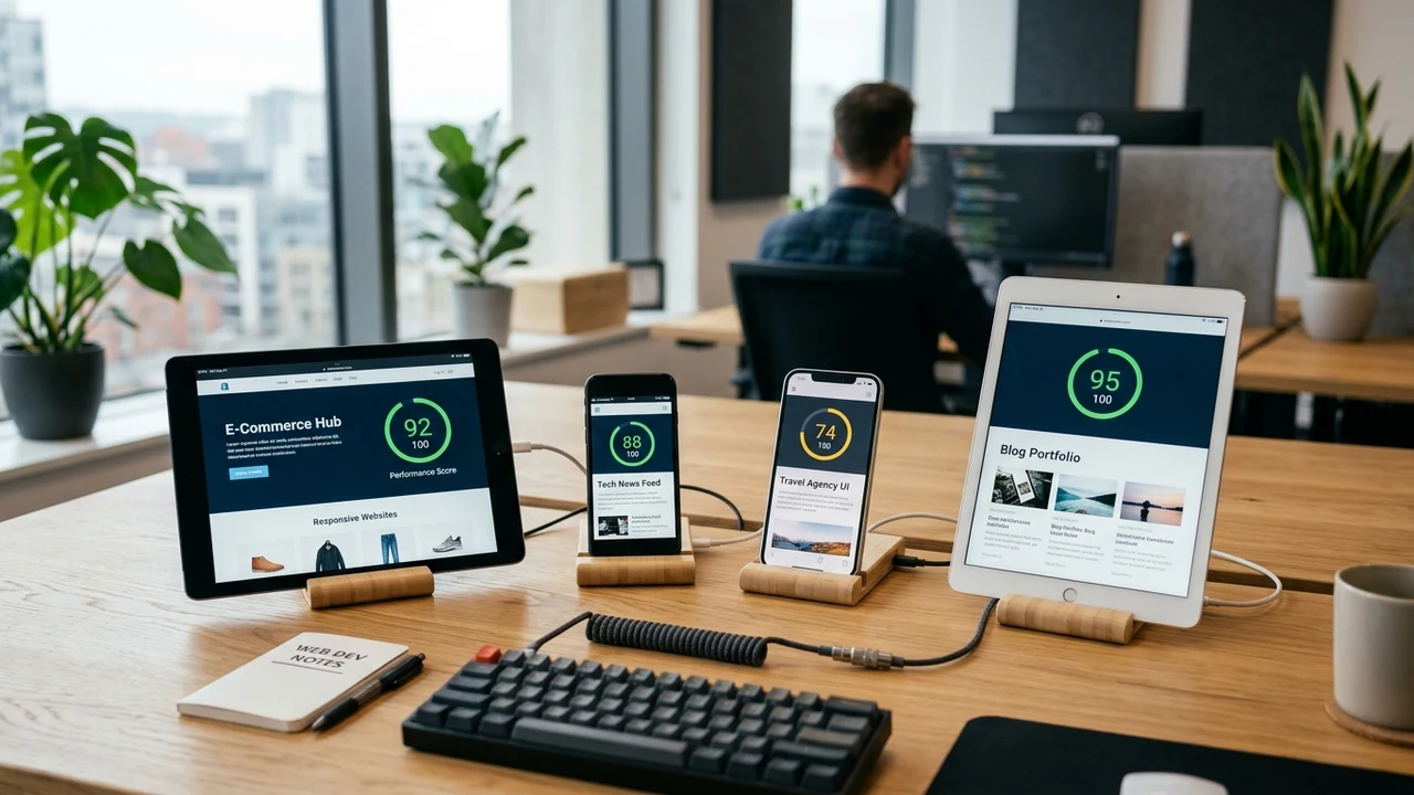 Mobile and tablet devices on wooden stands displaying responsive website performance scores