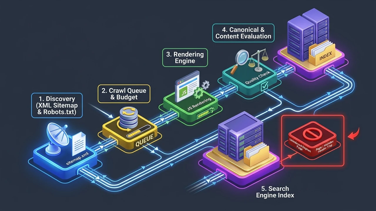 Figure 1: 3D isometric network diagram showing search engine crawler pipeline from discovery to indexing and orphan page traps