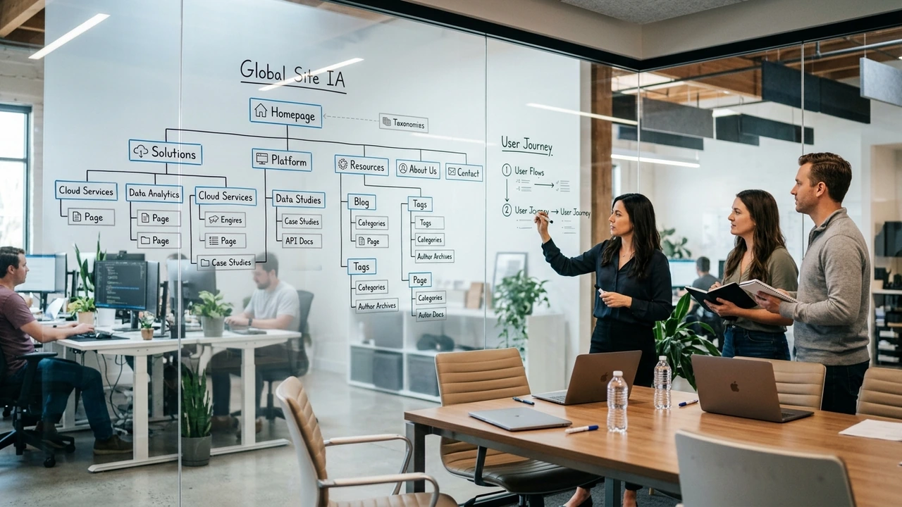 SEO strategy meeting room with information architecture taxonomy diagram drawn on glass whiteboard