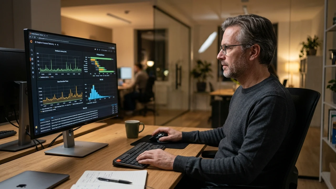 Figure 2: Software engineer monitoring server database telemetry and query response times on screen