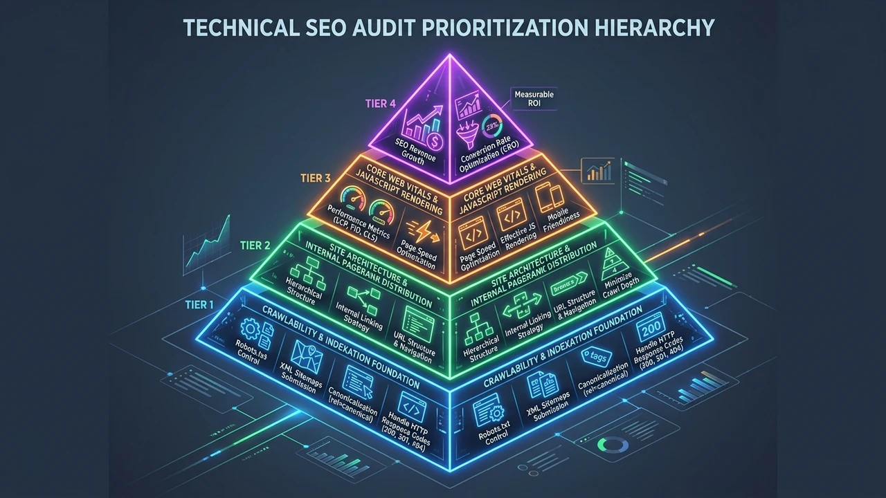Figure 1: 3D isometric pyramid infographic showing technical SEO audit prioritization from crawlability to revenue impact