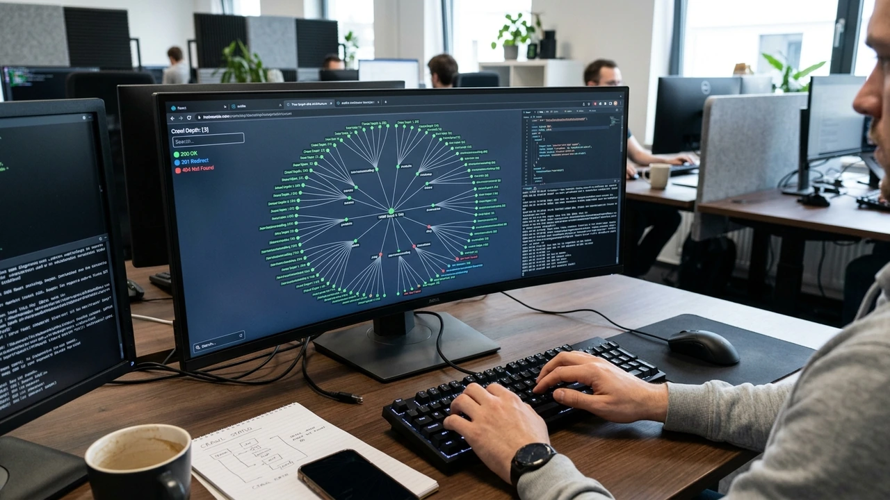 Figure 2: Technical SEO specialist auditing site architecture using a 3D crawl tree node visualization on a laptop