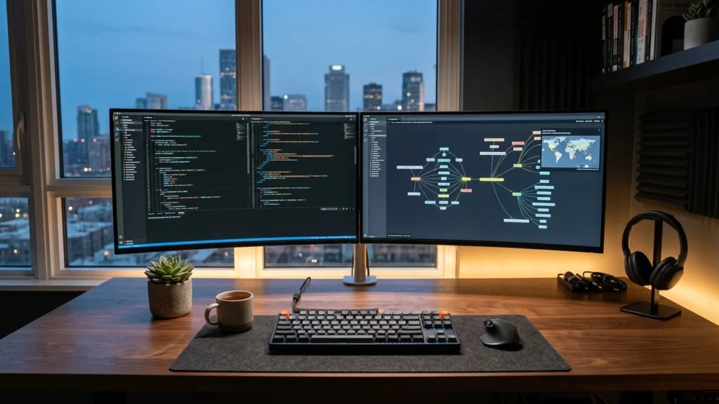Modern software developer workstation with dual displays analyzing code and website indexing architecture