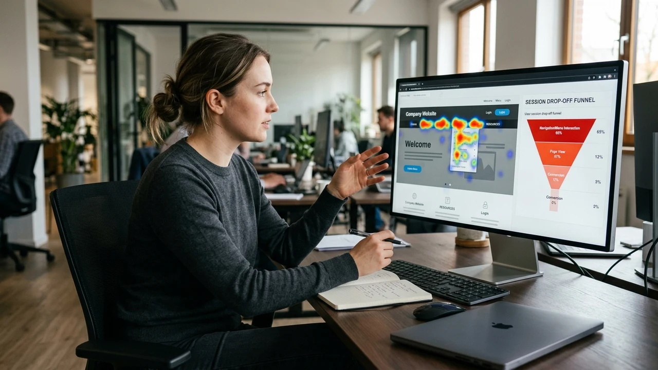 Figure 2: Web usability specialist analyzing website navigation heatmap and conversion drop-off funnel on monitor