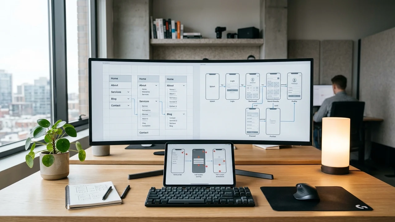 UX designer workstation showing website navigation wireframes and mobile menu user flows on curved monitor