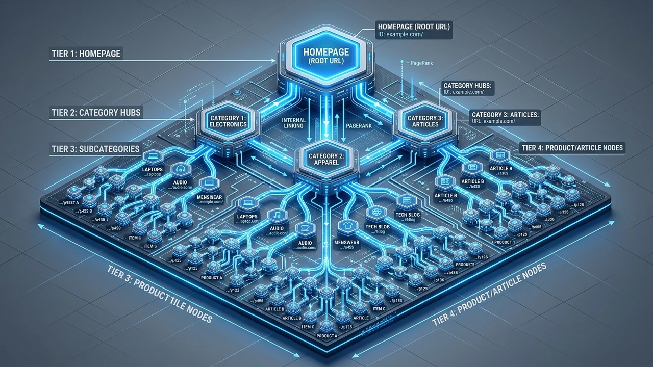 Figure 1: 3D isometric hierarchy diagram illustrating website crawl depth and internal link equity flow