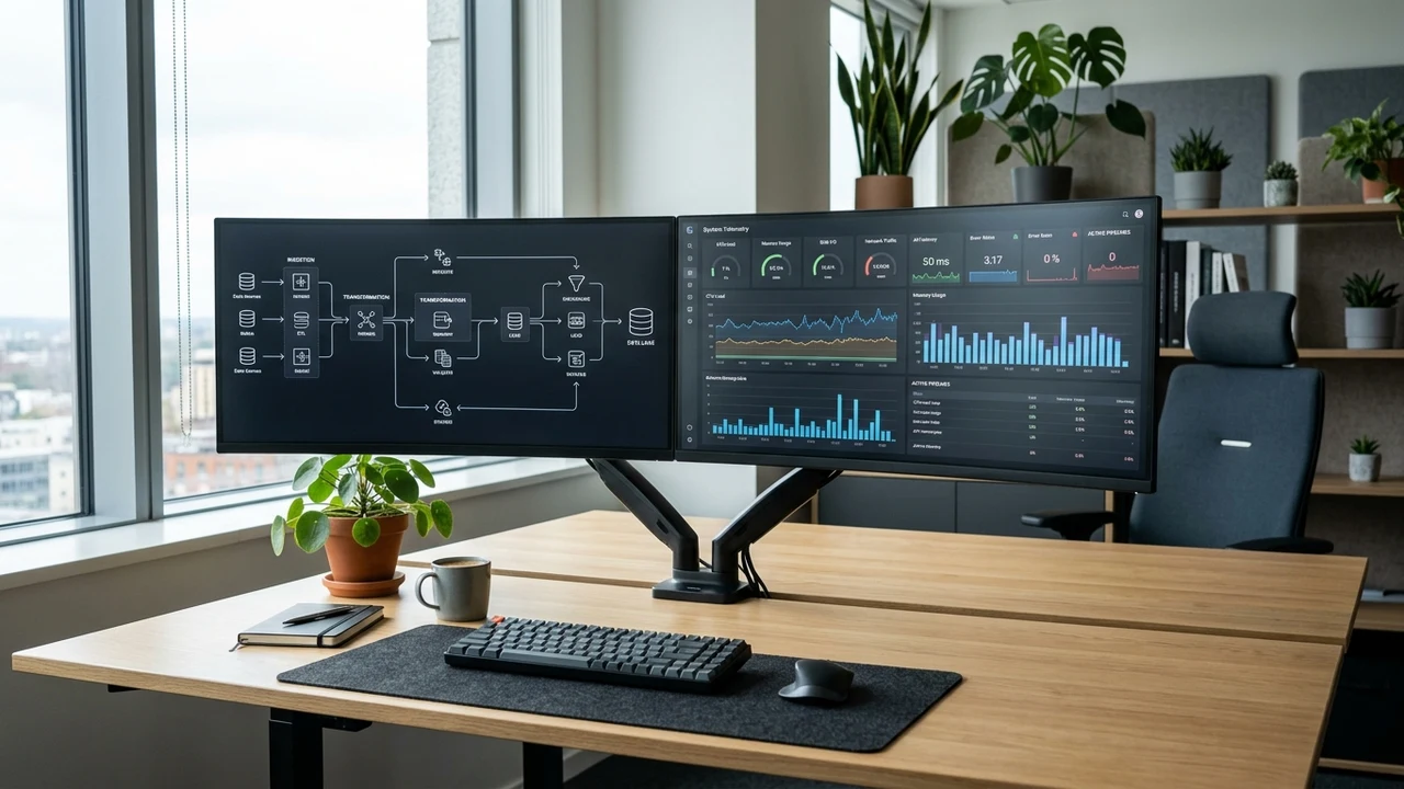 Dual curved monitor data engineering desk setup displaying automated data pipeline architecture diagrams and real-time ETL metrics