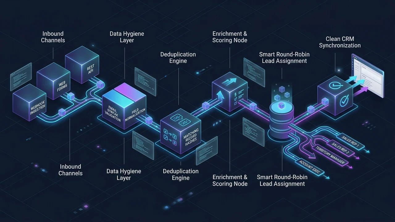3D systems architecture diagram illustrating automated lead capture through validation, deduplication hash checking, data enrichment, round-robin distribution, and CRM sync