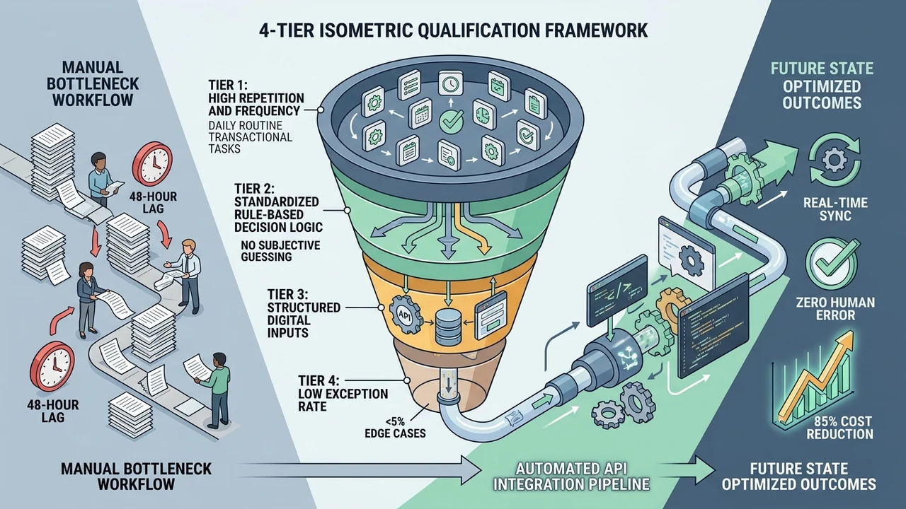 Figure 1: 3D technical infographic illustrating qualification criteria for business process automation