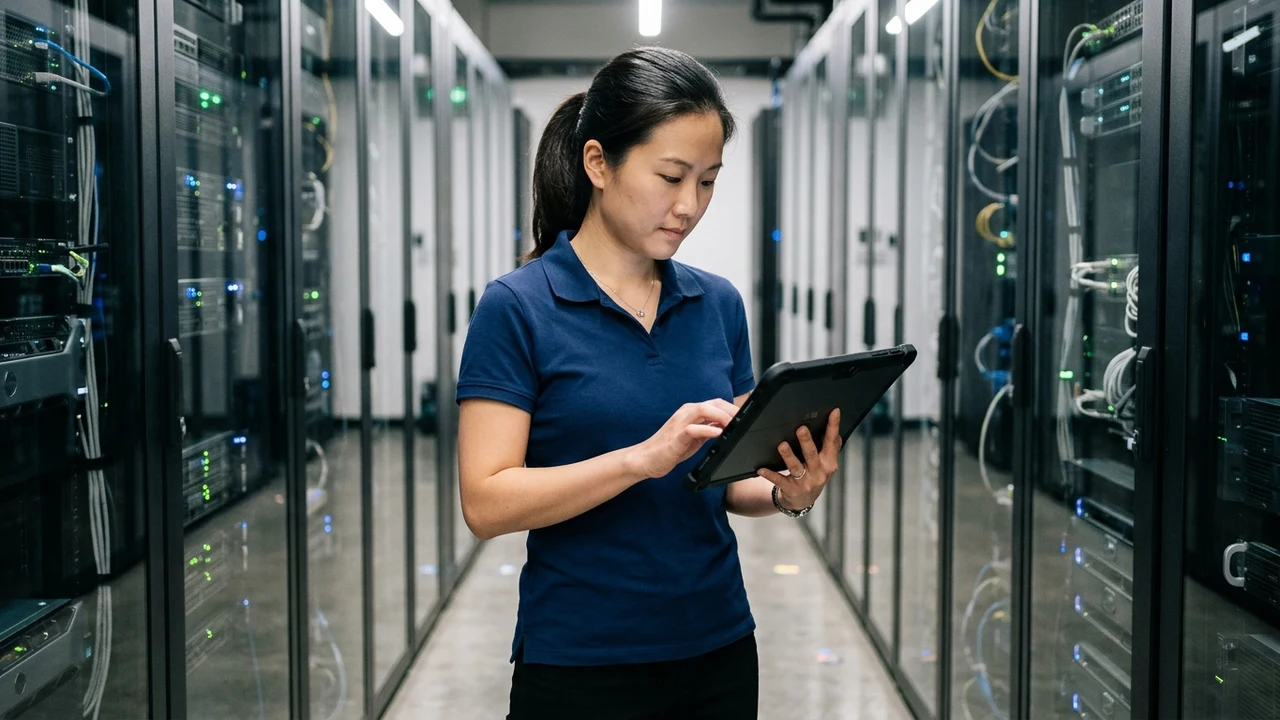 Cloud data systems engineer in plain navy polo auditing automated API synchronization logs and error rates on a tablet in server corridor
