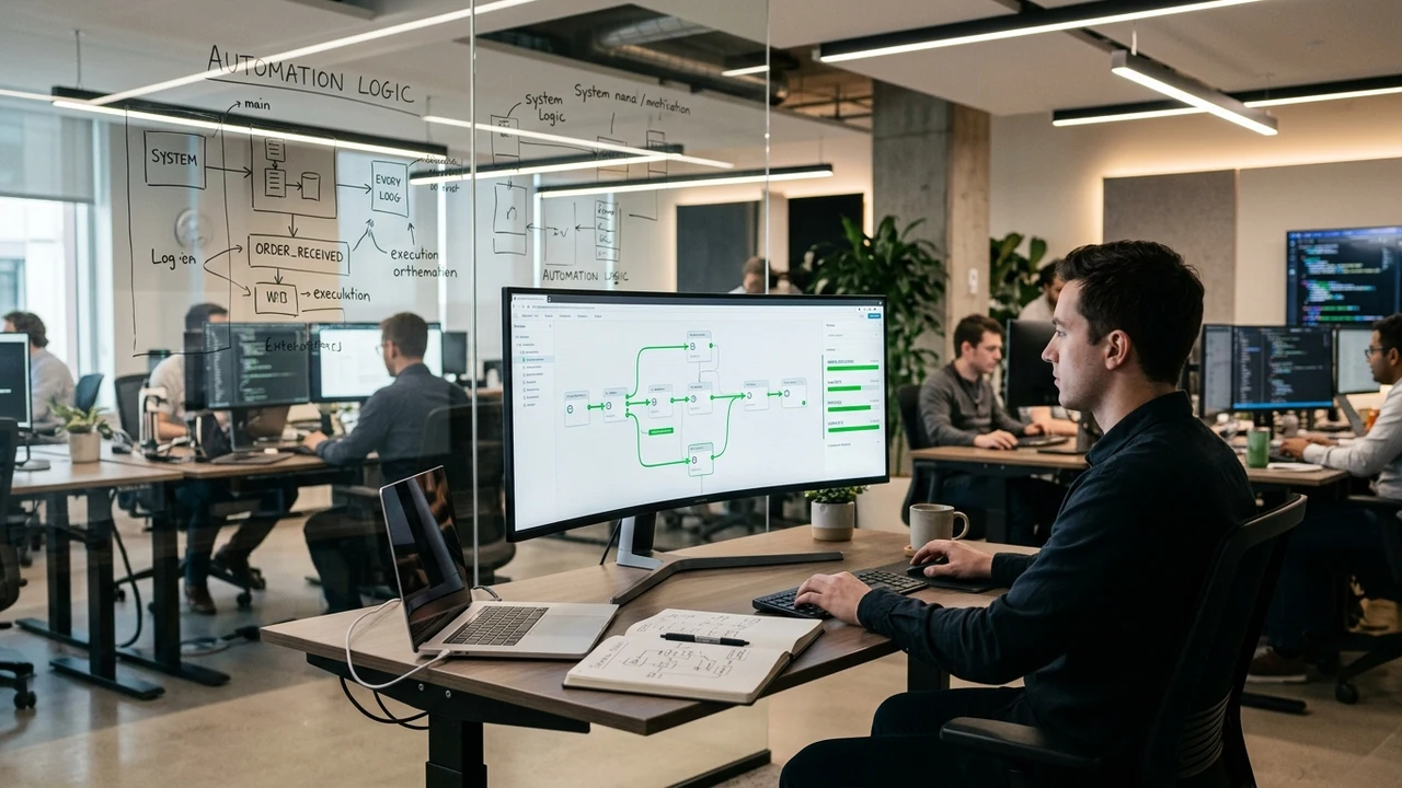 Modern tech engineering workspace with ultrawide monitor displaying node-based automation workflow logic