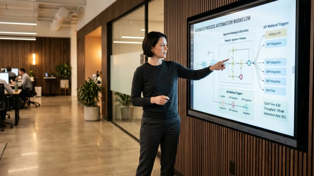 Software architect standing in modern office pointing to business process workflow diagram on digital touchscreen