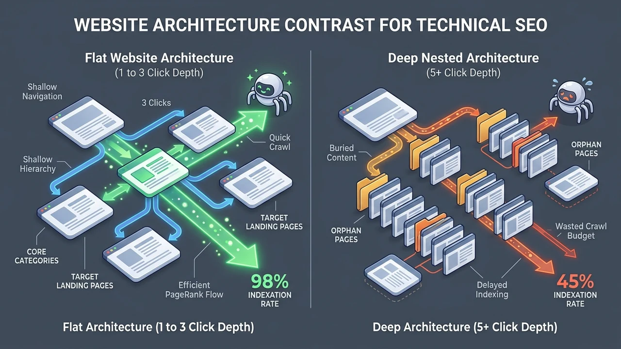 3D isometric technical diagram contrasting flat website architecture with 1-3 click depth versus deep nested architecture with wasted crawl budget