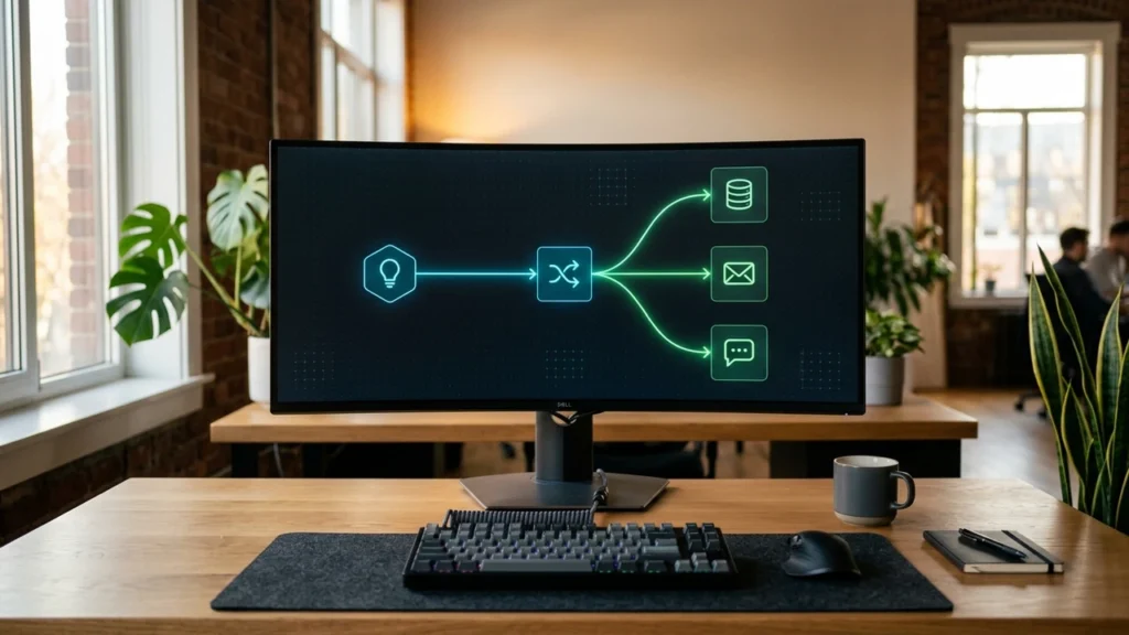 Modern operations workstation displaying a visual node-based automation workflow canvas routing data across connected endpoints