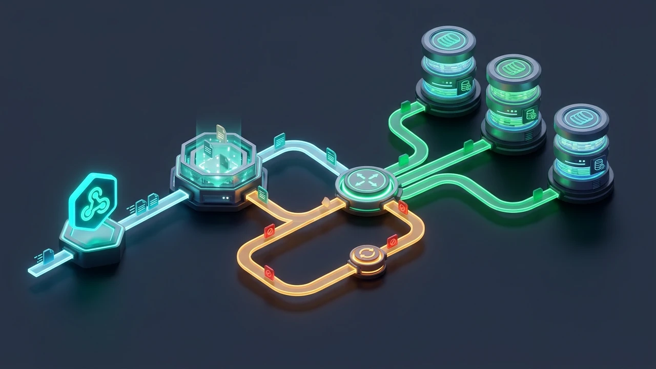3D isometric systems architecture diagram showing a webhook trigger, data normalization filter, multi-branch router, and parallel database sync with an error retry loop