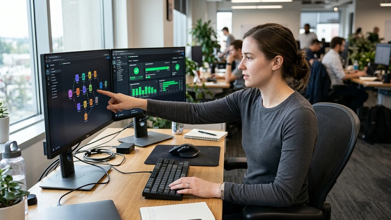 Automation engineer in plain charcoal shirt reviewing a visual node workflow and green execution status logs on a dual-monitor workstation