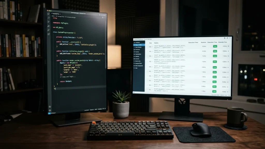 Software engineer workstation displaying object-oriented PHP 8 custom WordPress plugin code and 2ms SQL profiler