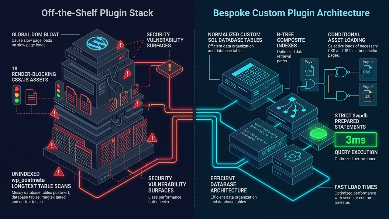 3D software architecture diagram comparing custom WordPress plugins vs bloated third-party plugins
