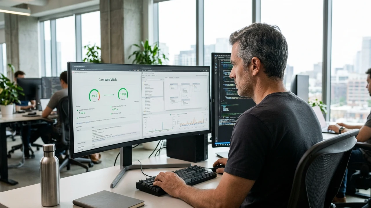 Lead backend developer analyzing Core Web Vitals LCP metrics and SQL query execution plans