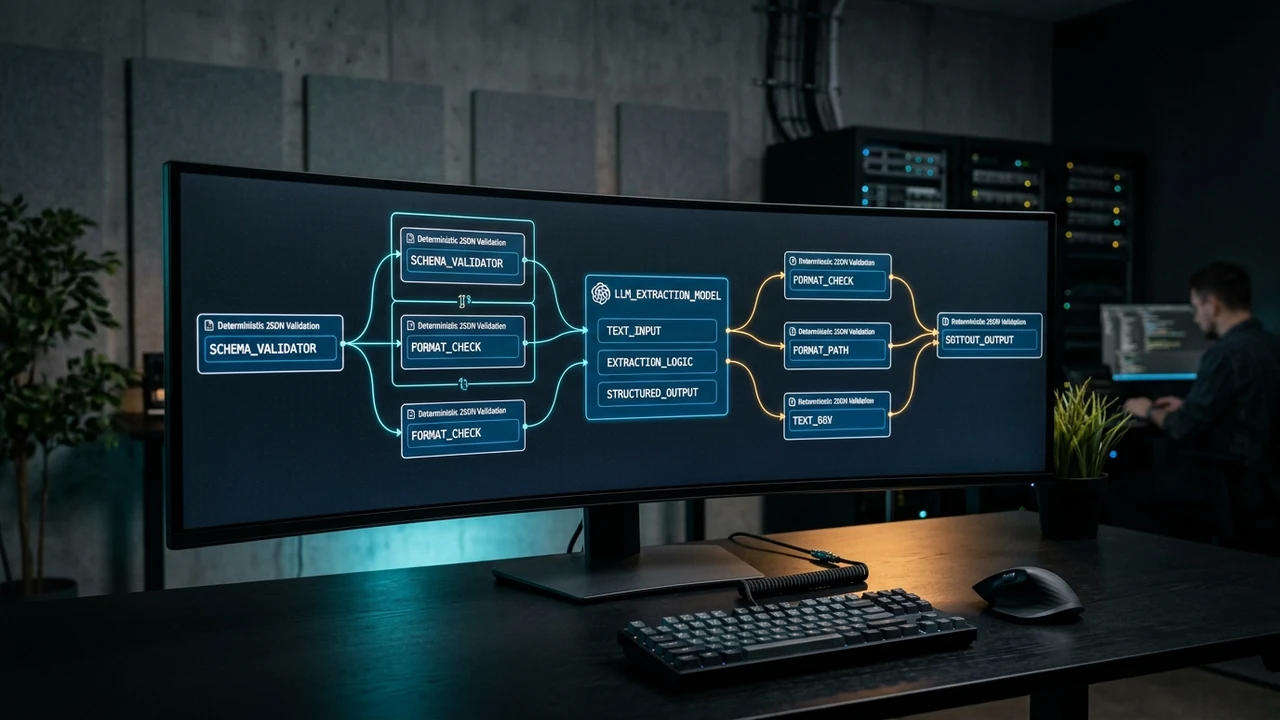 Ultrawide engineering monitor showing deterministic JSON guardrails wrapping an AI LLM extraction pipeline