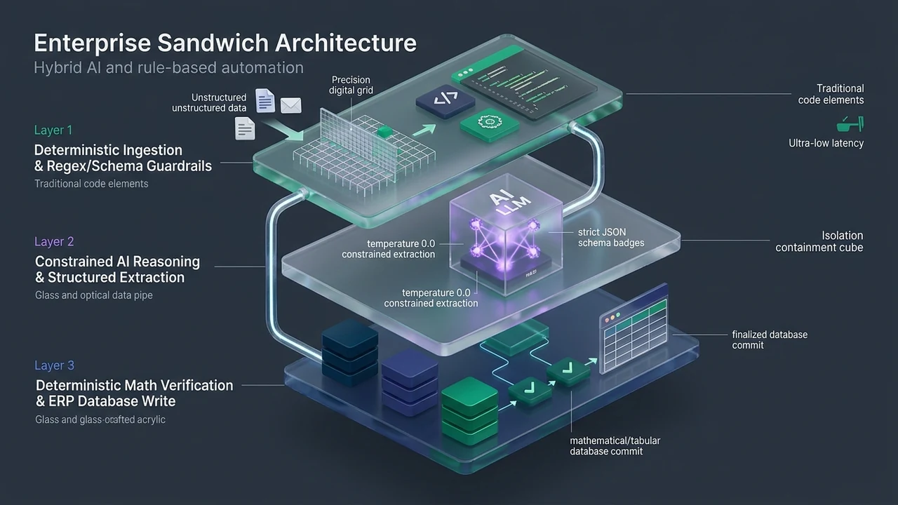 3D systems architecture diagram of the Enterprise Sandwich Architecture combining traditional and AI automation