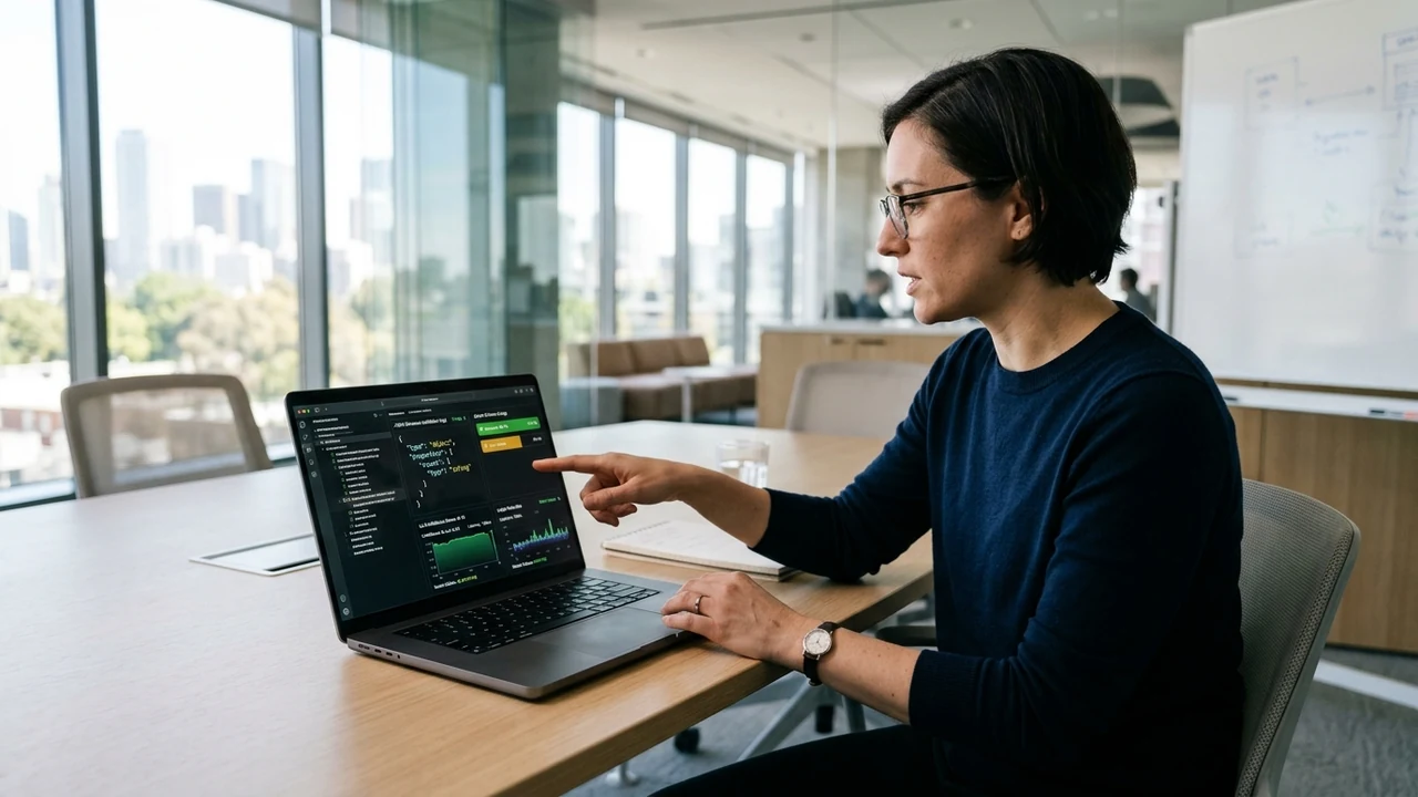 AI systems engineer reviewing JSON Schema validation logs and LLM confidence telemetry on laptop