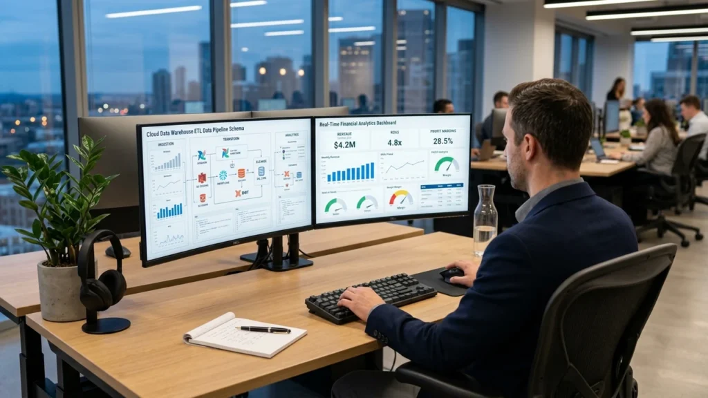 Executive BI workstation displaying automated cloud data warehouse ETL schema and real-time KPI dashboard