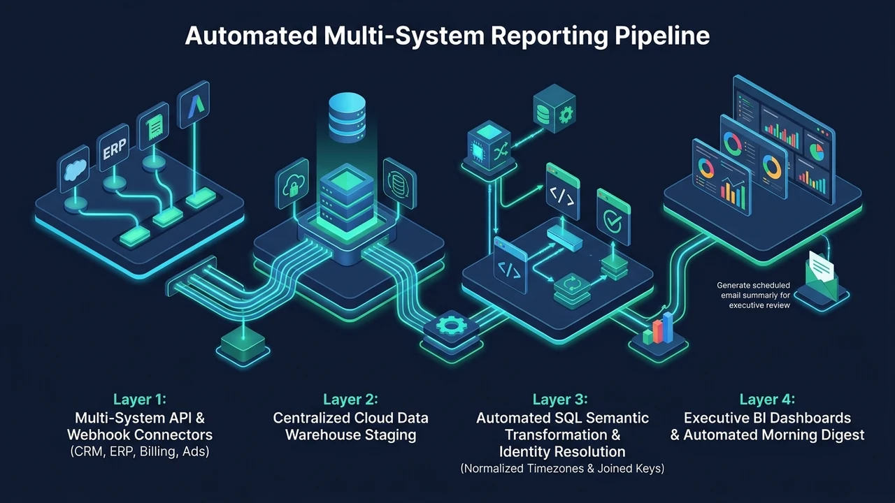 3D data engineering architecture diagram showing how to automate business reporting across multiple systems