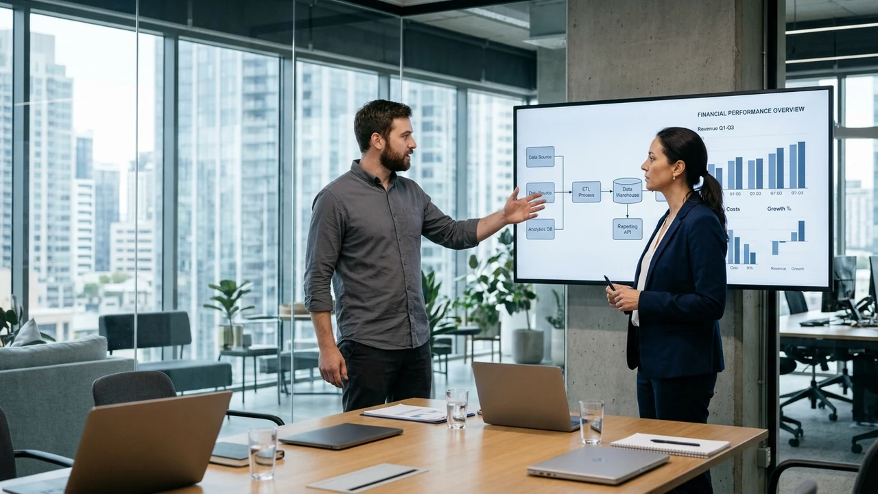 Data engineer and finance director reviewing automated SQL transformation pipeline and executive dashboard