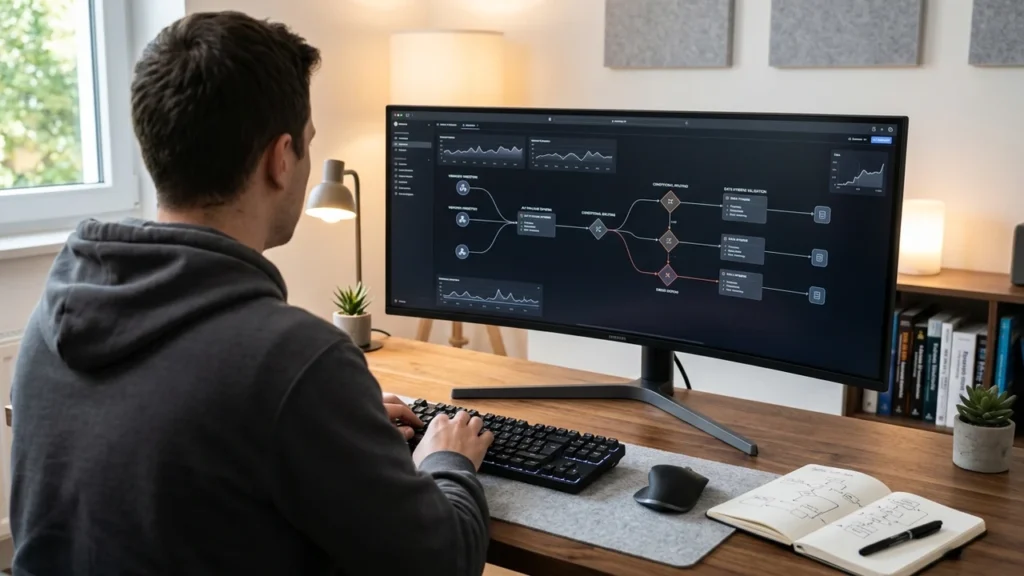 Curved monitor on developer desk displaying clean CRM lead capture automation flowcharts, webhook schemas, and routing triggers