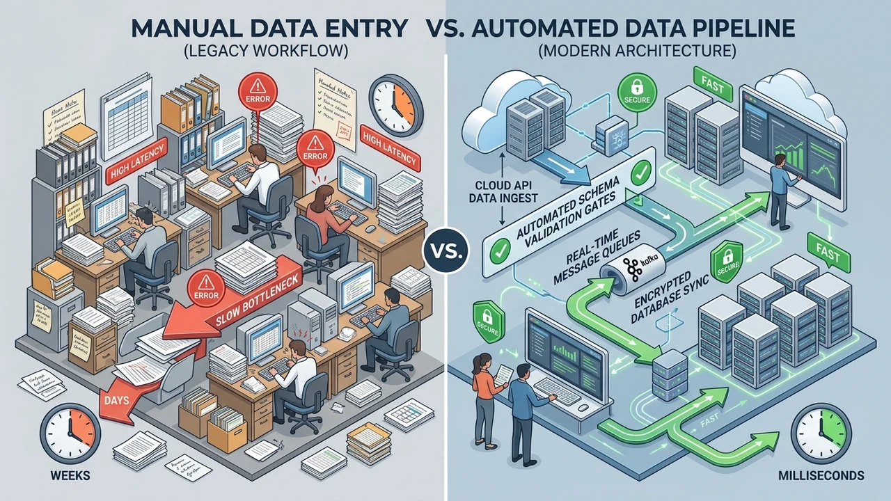 3D isometric technical diagram comparing manual spreadsheet data entry bottlenecks against automated API data transfer pipelines