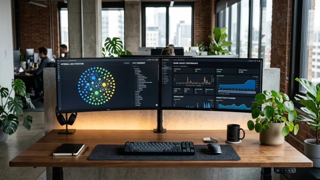 Modern developer workstation with dual ultrawide monitors displaying site taxonomy trees internal linking graphs and crawl budget metrics