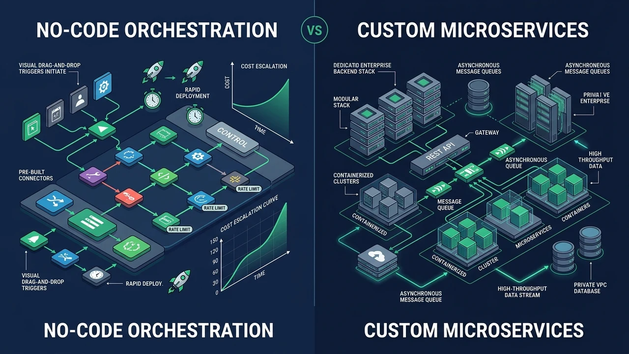 3D technical systems diagram comparing no-code middleware orchestration with dedicated custom microservices and asynchronous message queues