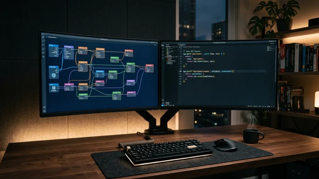 Dual-monitor developer workstation displaying visual workflow automation nodes on one screen and Python REST API endpoints on the second screen